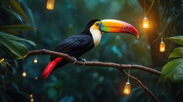 A vibrant toucan perched on a branch amidst lush greenery and glowing lights. photo