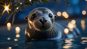 un de cerca de un sello en agua, rodeado por suave, brillante luces. foto