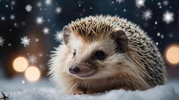 A cute hedgehog in a snowy setting with falling snowflakes and soft glowing lights. photo