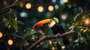 A toucan perched on a branch amidst greenery and glowing lights. photo