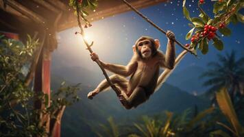 A monkey swinging on a branch amidst a lush, vibrant jungle setting. photo