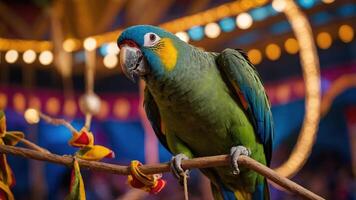 A vibrant parrot perched on a branch in a colorful circus setting. photo