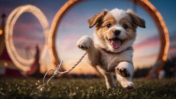 A playful puppy runs joyfully in a park, surrounded by glowing hoops at sunset. photo