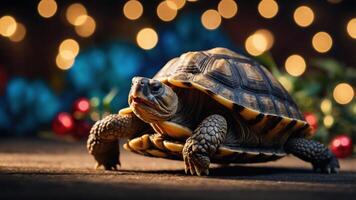 A turtle crawls across a surface with festive bokeh lights in the background. photo