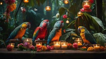 A colorful gathering of parrots surrounded by candles and flowers in a lush jungle setting. photo