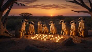 A group of meerkats gathered around candles at sunset, creating a serene, contemplative scene. photo