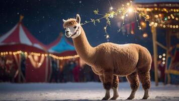 A festive alpaca stands in the snow near a colorful carnival at night. photo