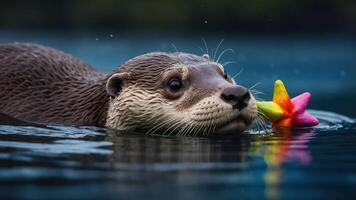 A playful otter swimming with a colorful toy in a serene water setting. photo