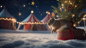 A rabbit leaps from a gift box near a decorated Christmas tree in a snowy circus setting. photo