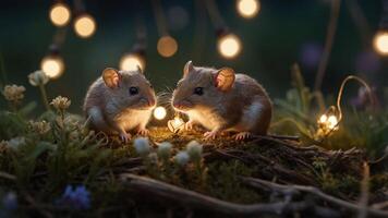 Two adorable mice sit amidst flowers and soft lights, creating a whimsical atmosphere. photo