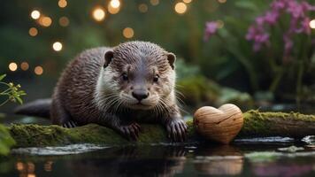 A cute otter sits by a pond, beside a heart-shaped stone, surrounded by flowers and lights. photo