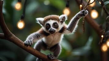 A playful lemur hanging on a branch with warm lights in a lush background. photo