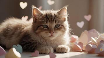 A fluffy cat lounging among pastel heart decorations, creating a warm, playful atmosphere. photo