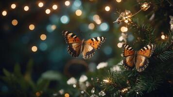 Two butterflies resting on greenery with soft, glowing lights in the background. photo