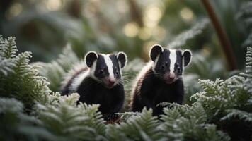 Two adorable striped animals among lush green ferns in a serene forest setting. photo