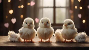 A group of fluffy chicks standing together with a warm, cozy backdrop and heart-shaped bokeh. photo