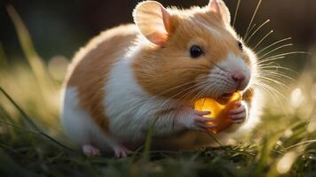 A cute hamster holding a small piece of food in a grassy setting, illuminated by soft light. photo