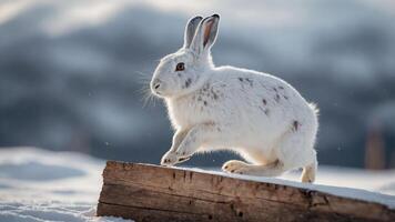 A white rabbit leaps over a log in a snowy landscape, showcasing its agility in winter. photo