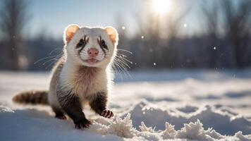 A playful ferret exploring a snowy landscape under a bright sun. photo