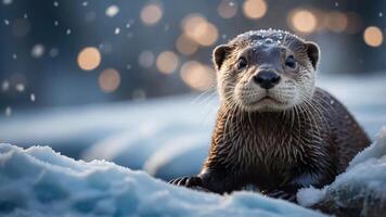 A playful otter in a snowy landscape, capturing a serene winter moment. photo