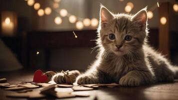 A playful kitten explores scattered cardboard shapes in a cozy, softly lit room. photo