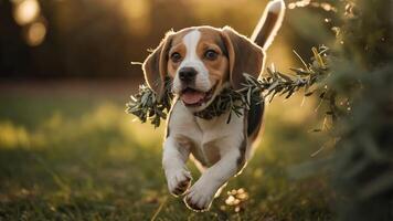 A playful beagle puppy running with a branch in a sunlit outdoor setting. photo