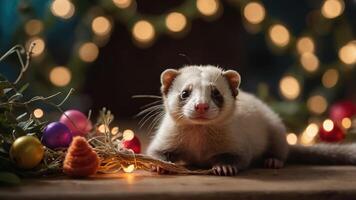 un hurón rodeado por festivo decoraciones y luces, evocando un acogedor fiesta atmósfera. foto