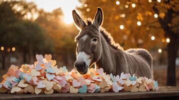 A donkey surrounded by colorful heart-shaped decorations in a warm, autumn setting. photo
