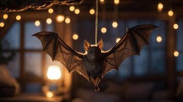 A bat hanging indoors with warm lights in the background, creating a cozy atmosphere. photo