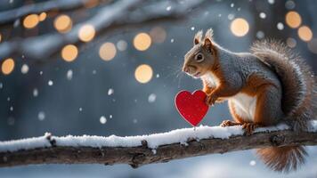 A squirrel holding a red heart on a snowy branch with soft bokeh lights in the background. photo