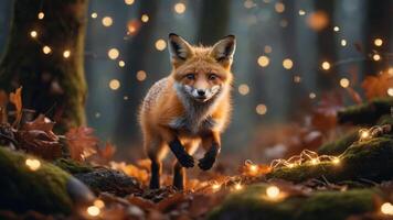 A playful fox in a mystical forest, surrounded by glowing lights and autumn leaves. photo