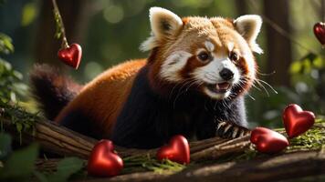 A red panda surrounded by red heart decorations in a lush, green environment. photo