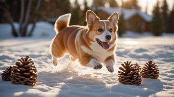 A joyful corgi leaps through the snow, surrounded by pine cones in a winter landscape. photo
