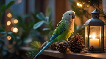 A colorful parakeet perched beside a lantern and pine cones, creating a cozy ambiance. photo