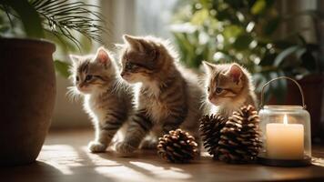 Three playful kittens exploring a sunlit space with pinecones and a candle. photo