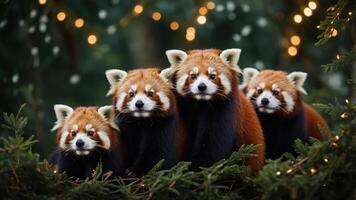 Four red pandas sitting together amidst greenery and lights. photo