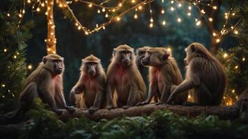 A group of baboons gathered on a log, illuminated by twinkling lights in a serene setting. photo