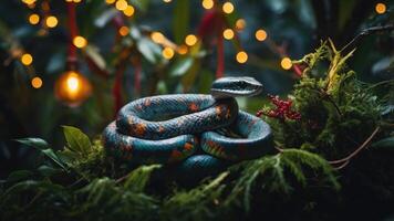 A colorful snake resting on lush greenery with soft lights in the background. photo