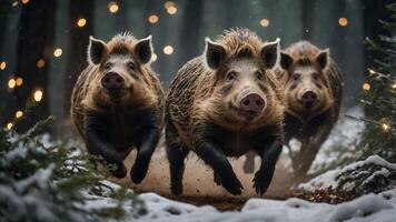 Three wild boars running through a snowy forest with soft lights in the background. photo