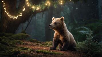 A young bear sits in a serene forest, illuminated by soft, twinkling lights. photo