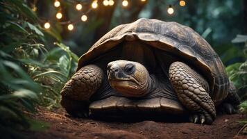 A tortoise resting on the forest floor surrounded by greenery and soft lights. photo