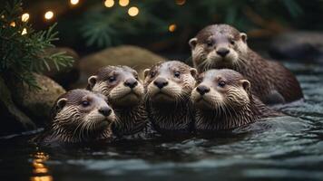 A group of otters playfully gathered in water, surrounded by greenery and soft lights. photo