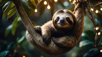 A sloth hanging on a tree branch, surrounded by soft lights in a lush environment. photo