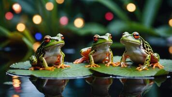 Three colorful frogs sitting on lily pads in a serene pond with blurred lights in the background. photo