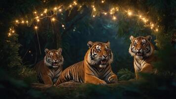 Three tigers resting under twinkling lights in a lush forest setting. photo