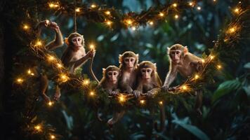 Five monkeys perched on a vine adorned with lights in a lush, green environment. photo