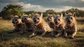 A group of hyenas lying together in a natural setting, displaying their teeth. photo