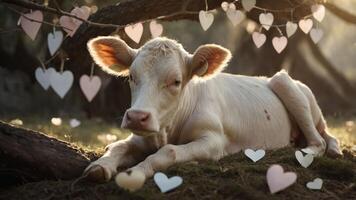 A serene calf resting among heart-shaped decorations in a tranquil setting. photo