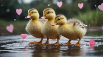 Three adorable ducklings wading through water with hearts in the background. photo