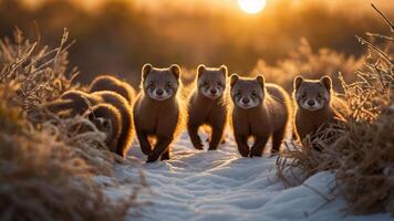 A group of playful animals running through snow at sunset. photo